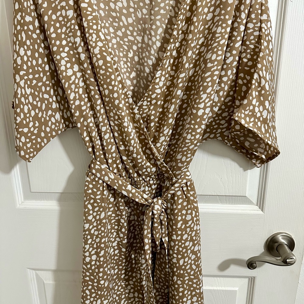 Tan and White Jumpsuit with Wrap-Style Design